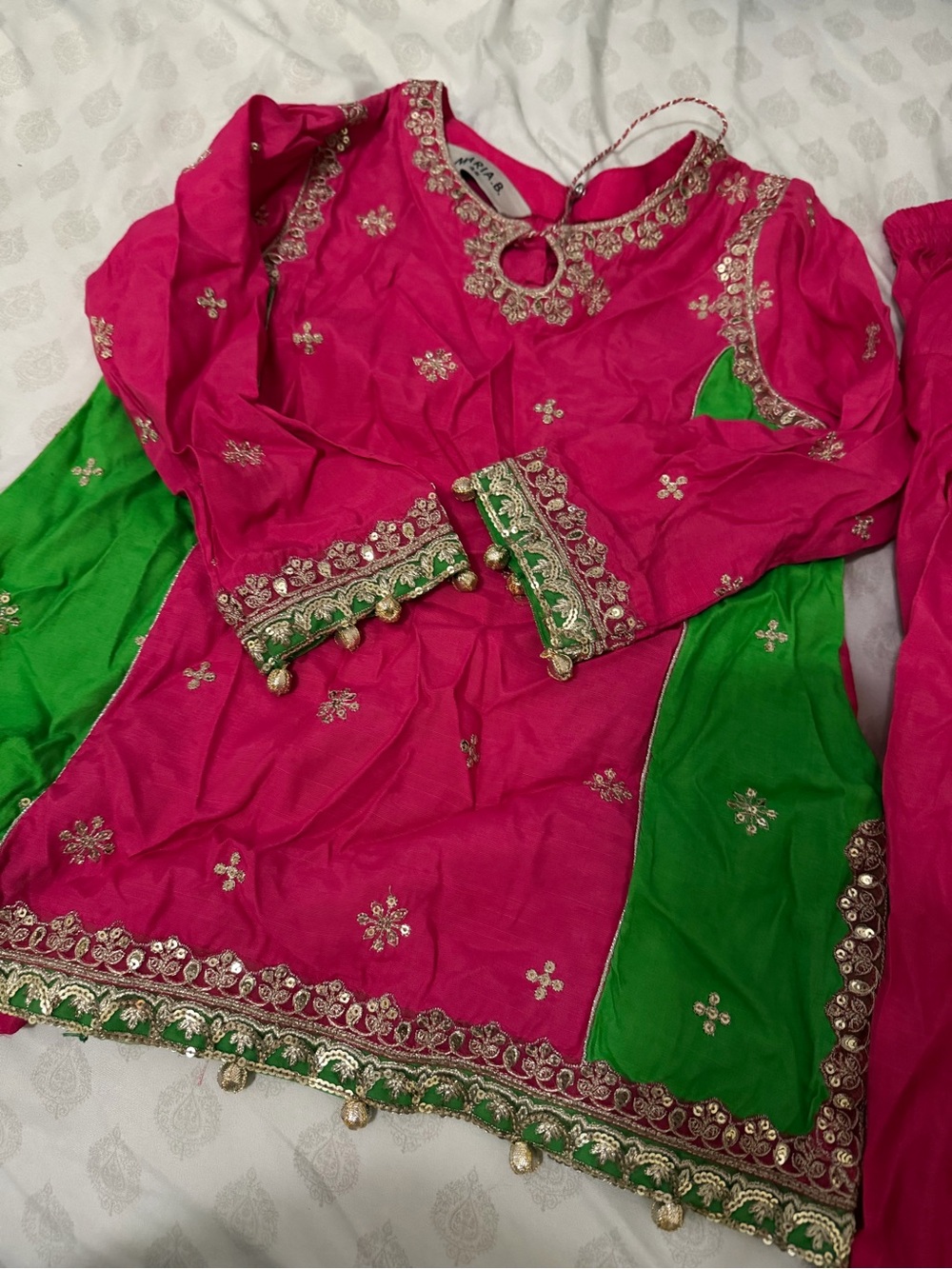 Girls Festive Pink & Green Embroidered Formal Dress